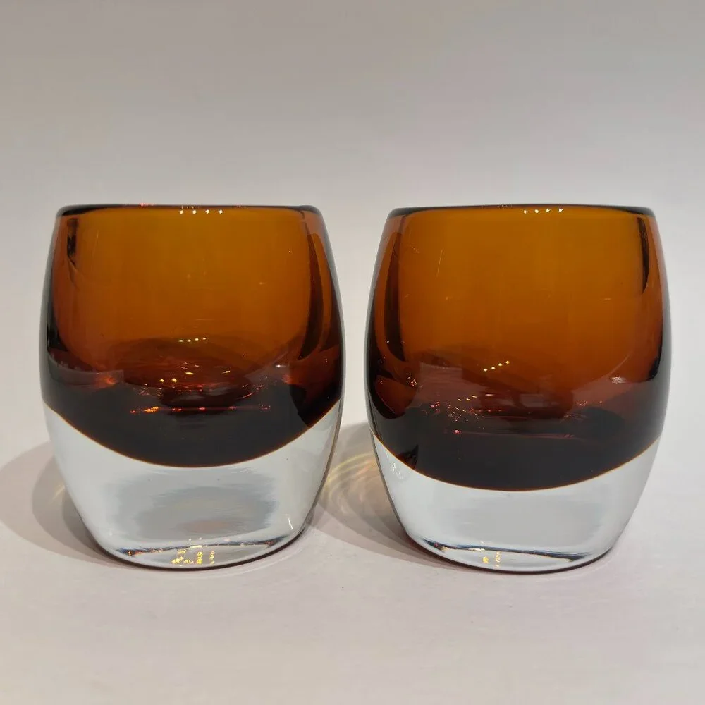 Set of 2 Crate and Barrel Topaz Amber Glass Diva Votive Candle Holders 3.5”